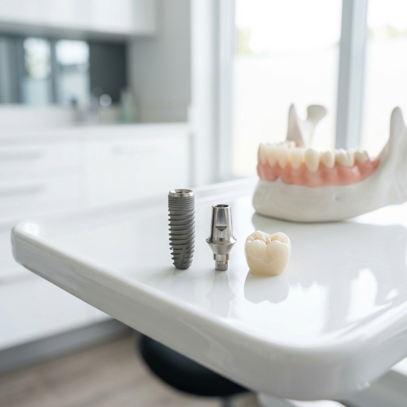 Titanium screw, abutment, and crown displayed near a jaw model when learning what affects dental implant cost.