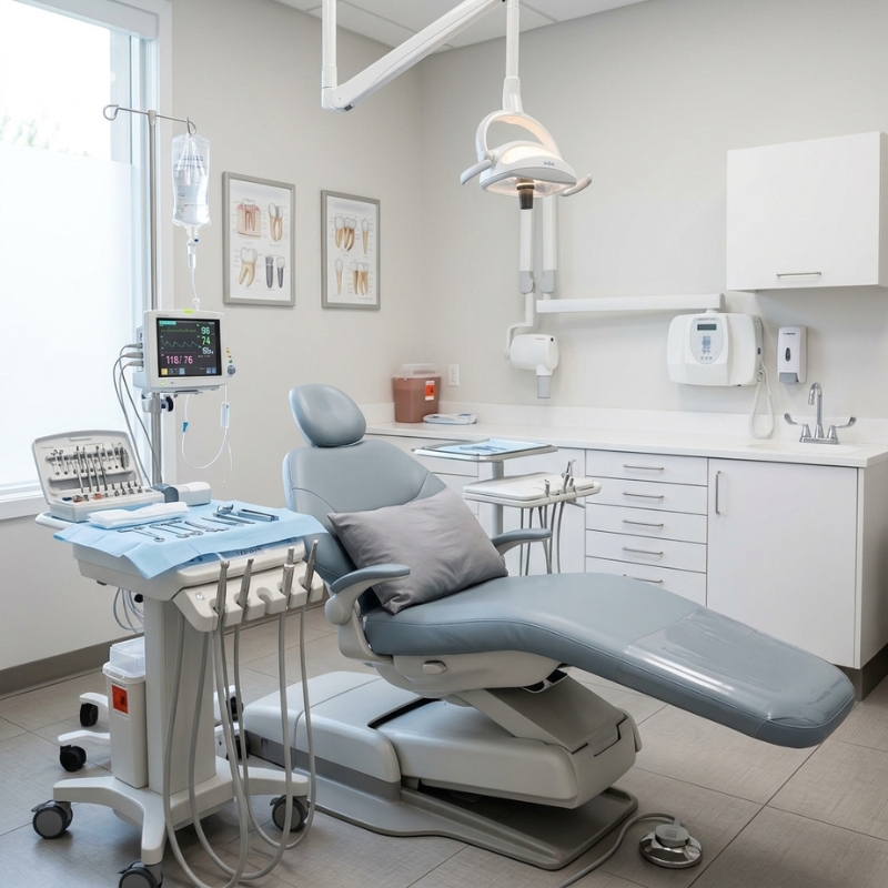 Modern dental room with reclining chair and IV drip setup prepared for conscious sedation for dental implants.
