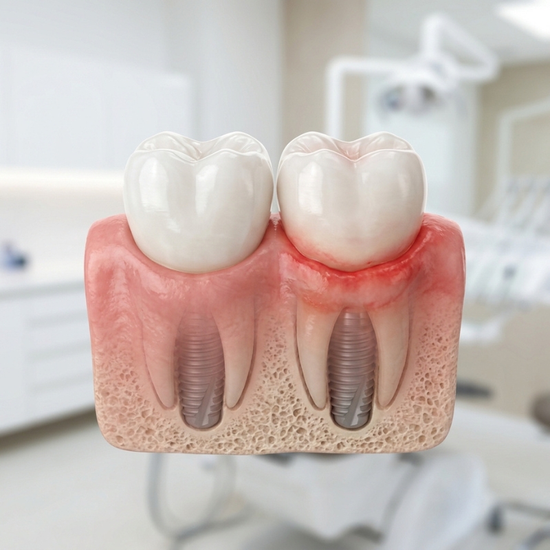 Anatomical model displaying healthy tissue versus inflamed gum tissue highlighting dental implant failure warning signs around a post.