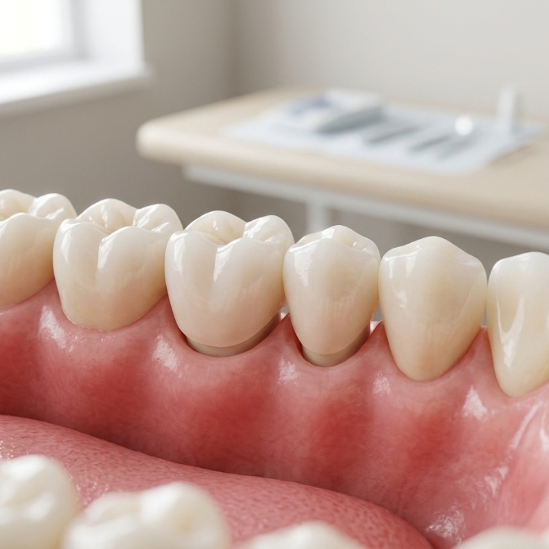 Close-up illustration of an implant-supported dental bridge anchored along healthy pink gums in a clean dental setting.