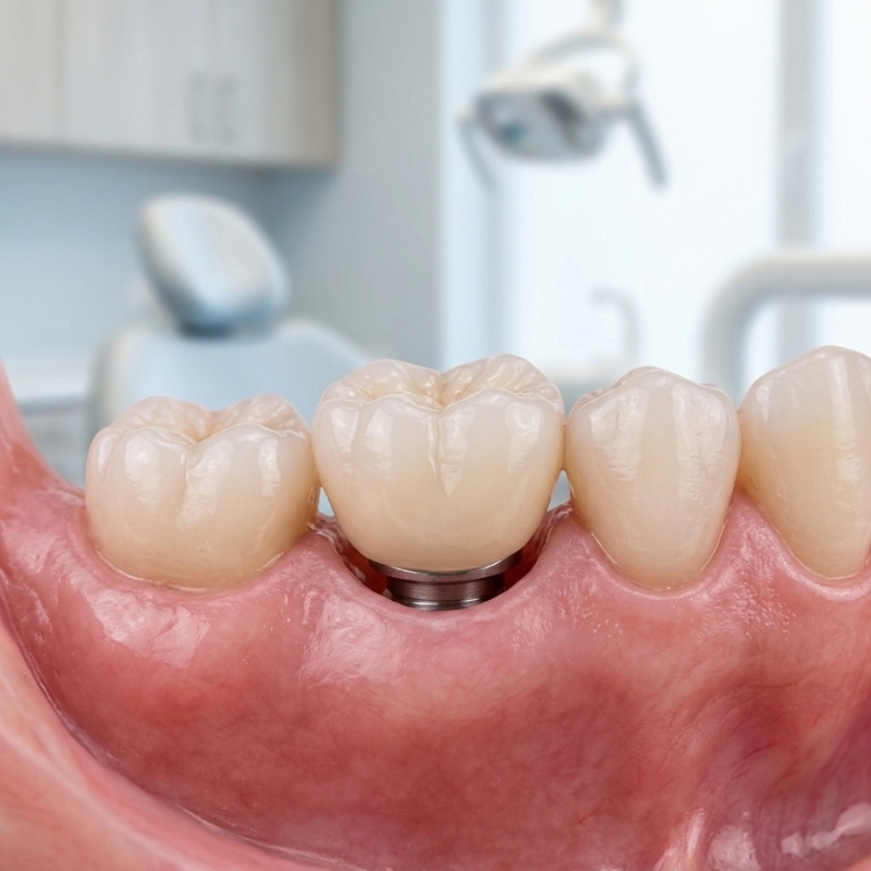 Close-up diagram of a restored dental implant crown seamlessly integrated between healthy natural teeth along the lower gumline in a dental clinic.