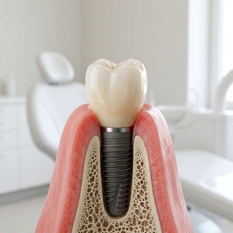 Cross-section diagram of a dental implant post anchored into jawbone tissue under a custom porcelain crown, with a blurred dental clinic in the background.